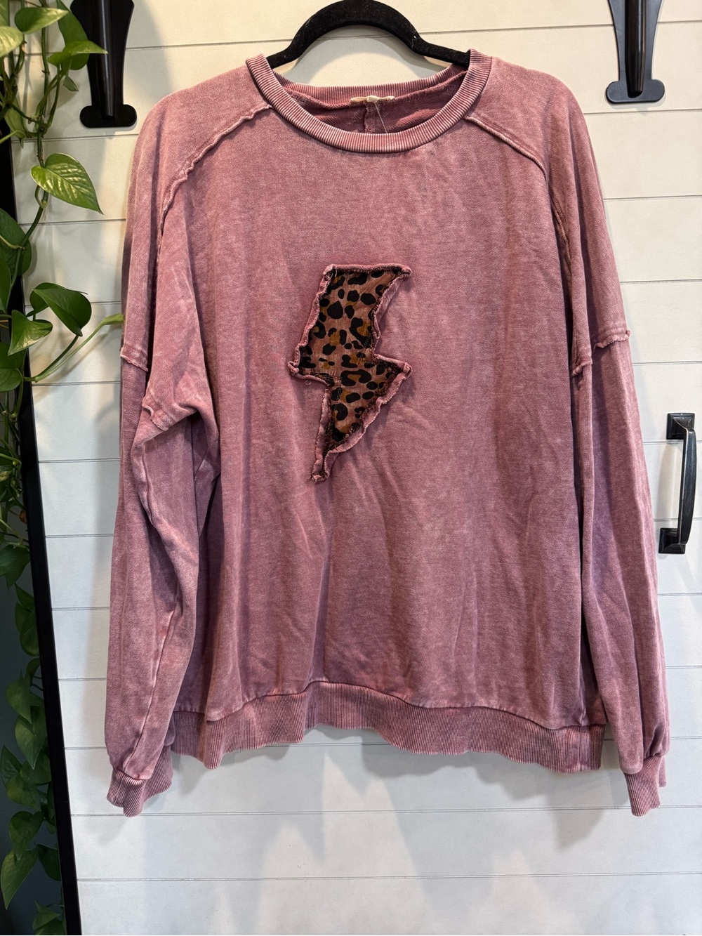 easel Washed Mauve Crewneck Sweater with Leopard Lightning Patch